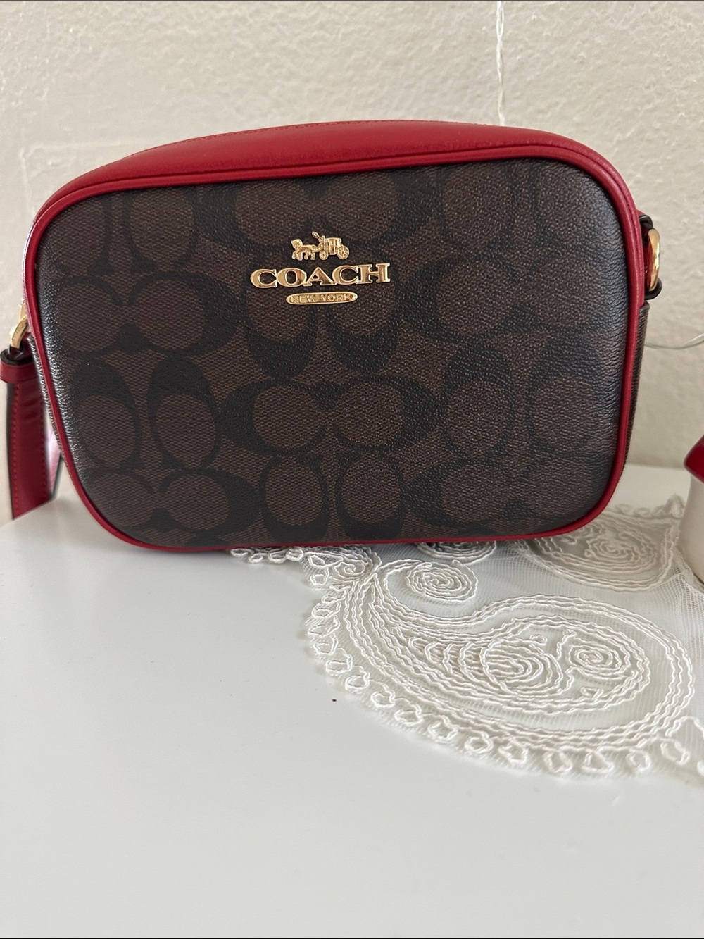 Coach Brown Signature Crossbody with Red Trim